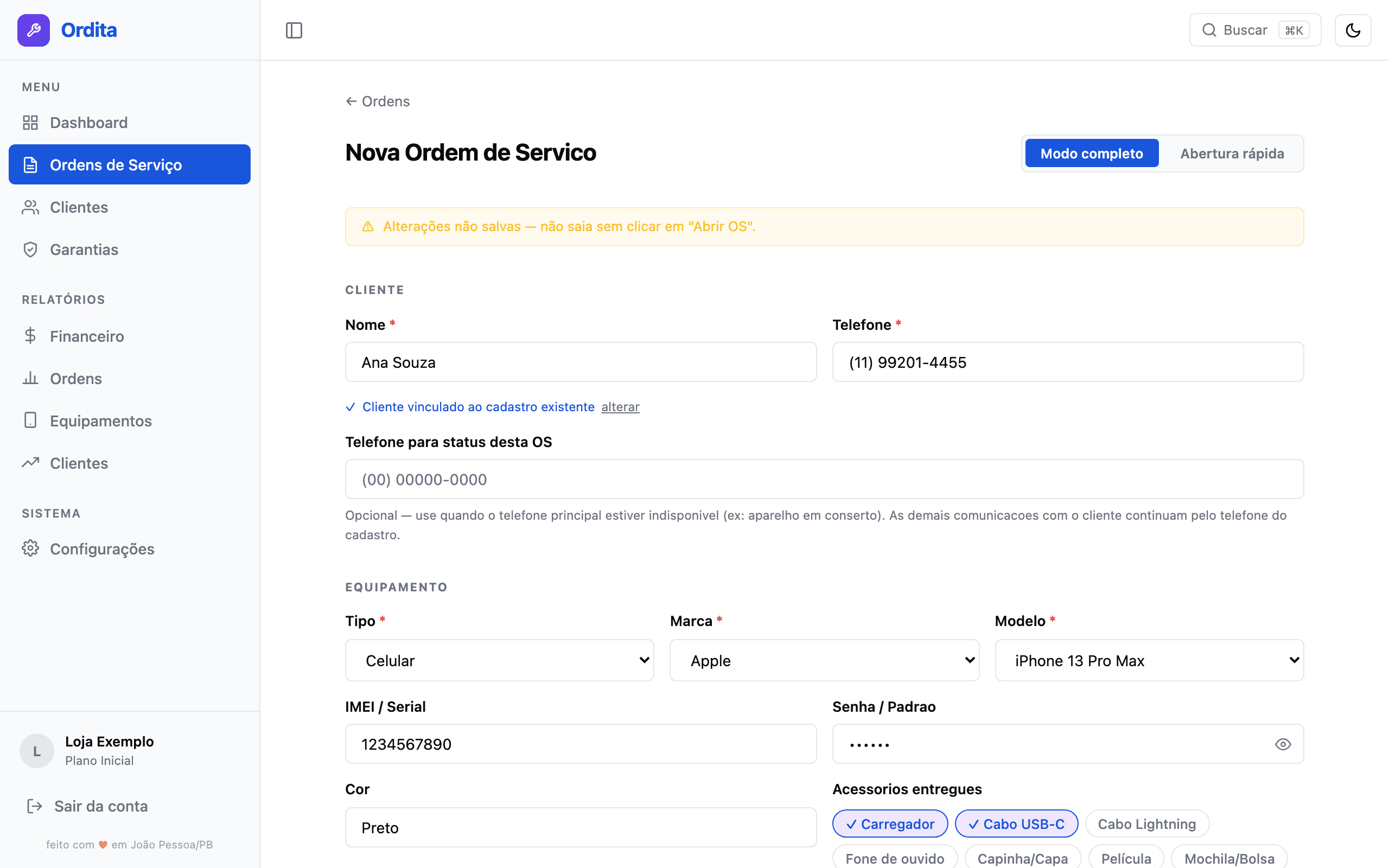 Formulário de nova OS com campos preenchidos